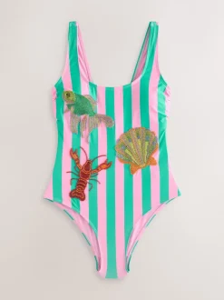 Roze/groene strepen - Beaded Embellished Tummy Control Scoop Swimsuit