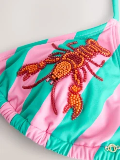 Roze/groene strepen - Beaded Embellished Triangle Bikini Top