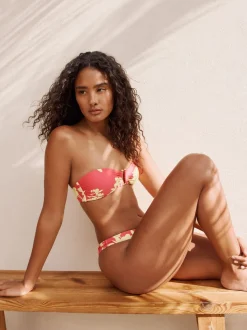 Roze/Limoengroen bloemmotief - Bandeaubikinitop met bies