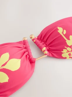 Roze/Limoengroen bloemmotief - Bandeaubikinitop met bies
