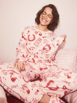 Roze/rood met hart - Geribbelde pyjama met lange mouwen