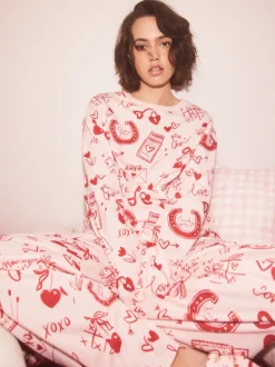 Roze/rood met hart - Geribbelde pyjama met lange mouwen