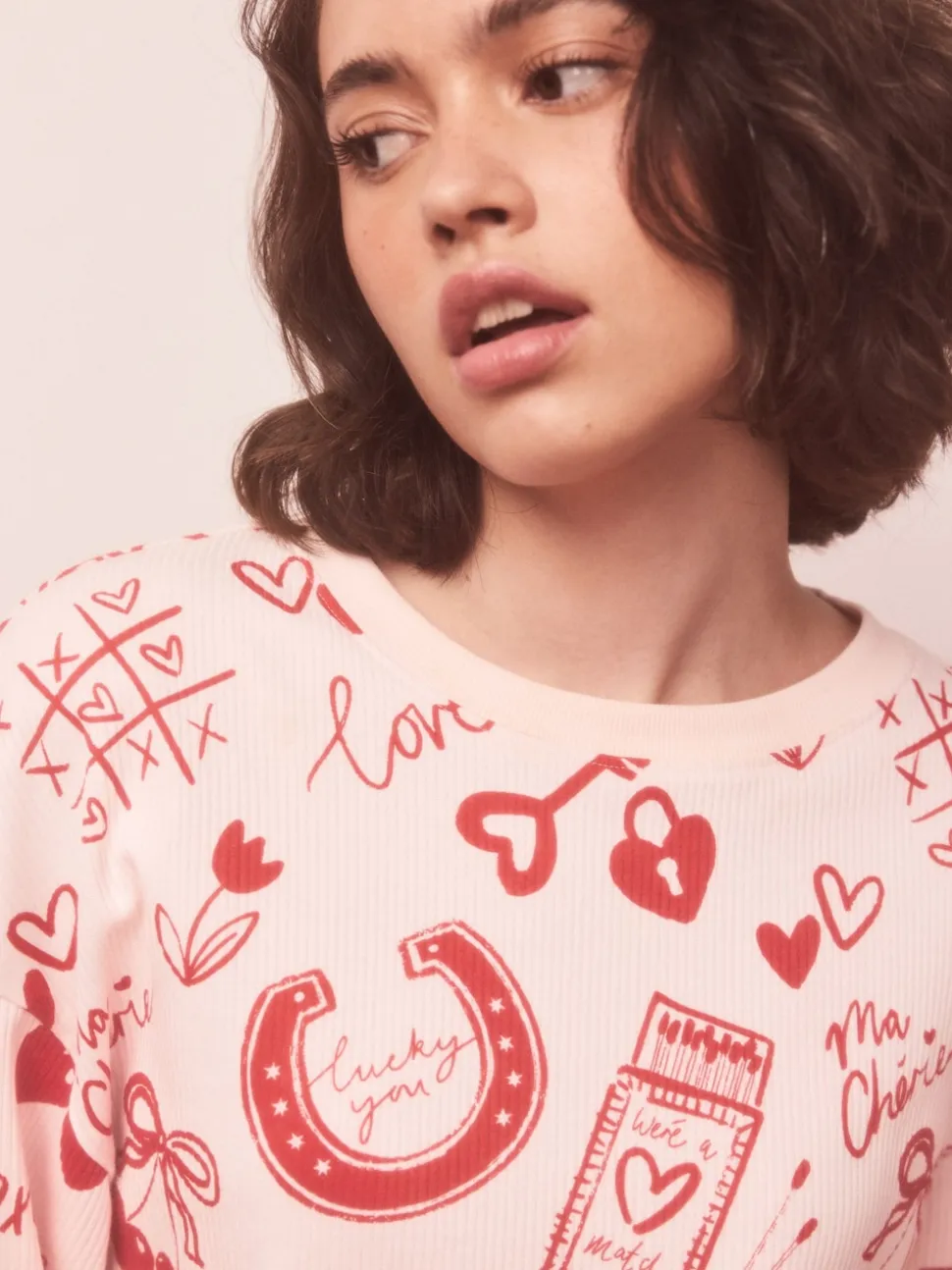 Roze/rood met hart - Geribbelde pyjama met lange mouwen