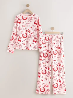 Roze/rood met hart - Geribbelde pyjama met lange mouwen