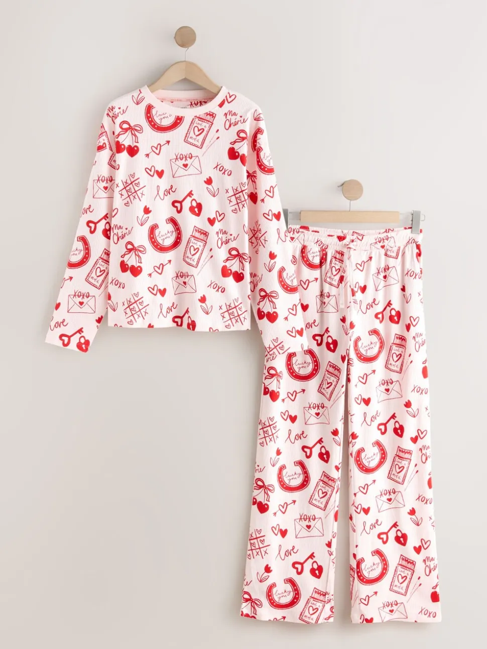 Roze/rood met hart - Geribbelde pyjama met lange mouwen