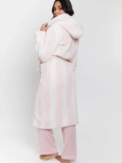 Roze/wit - Loungeable - Dikke gestreepte midi-badjas met capuchon van sherpa
