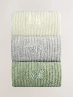 Sage Green/Cream/Grey - self. Cropped Ankle Embroidered Logo Gripper Socks 3 Pack