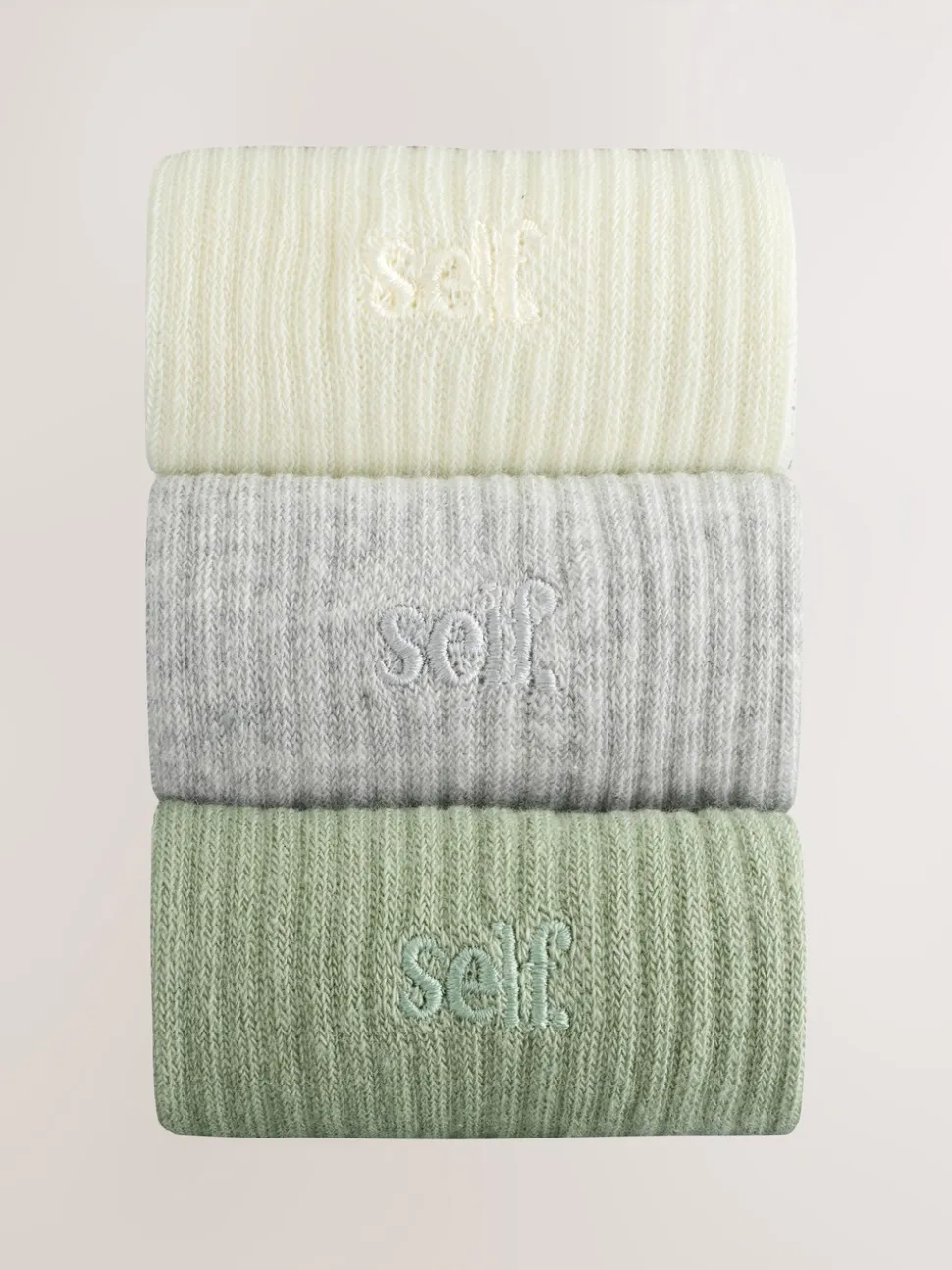 Sage Green/Cream/Grey - self. Cropped Ankle Embroidered Logo Gripper Socks 3 Pack