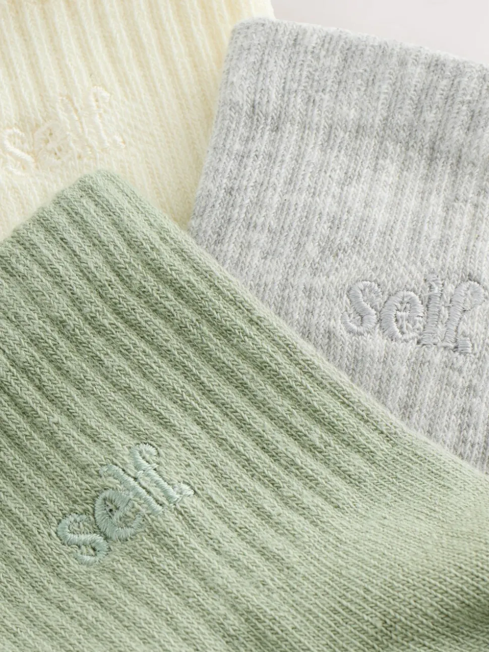 Sage Green/Cream/Grey - self. Cropped Ankle Embroidered Logo Gripper Socks 3 Pack