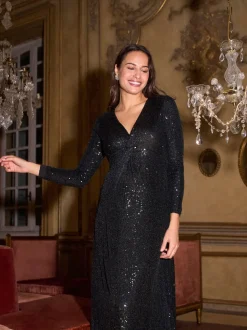 Seraphine maxi-zwangerschapsjurk met lovertjes en knoopsluiting aan de voorkant