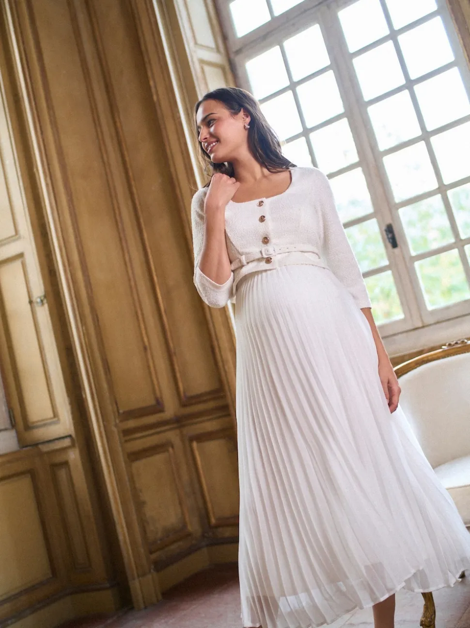 Seraphine Occasion Maternity & Nursing Bridal Dress With Tweed Bodice & Floaty Pleated Skirt