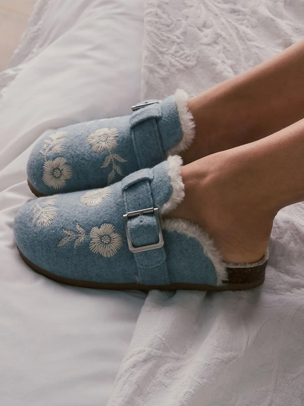Shabby Chic by Rachel Ashwell® Blue Fur Footbed Embroidered Mule Slippers