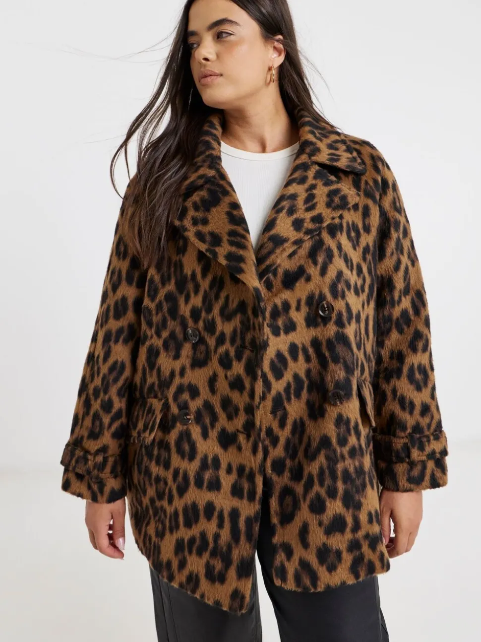 Simply Be Leopard Print Brushed Faux Wool Pea Coat