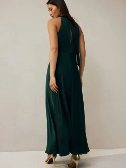 Smaragdgroen - Satijnen halter mouwloze midi-jurk met textuur