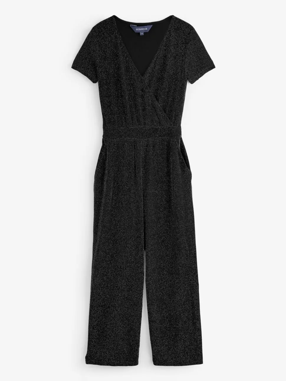 Sosandar glinsterende metallic jumpsuit met overslag