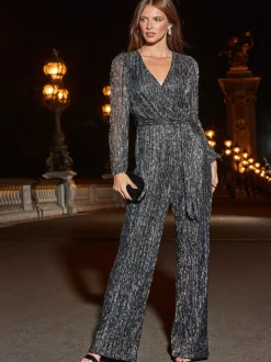 Sosandar glitter plissé jumpsuit met overslag en wijde pijpen