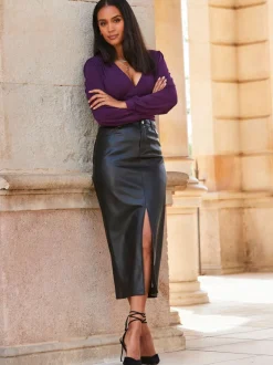 Sosandar Leather Long Line Pencil Skirt With Split