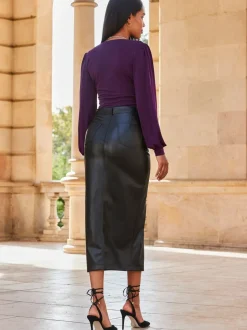 Sosandar Leather Long Line Pencil Skirt With Split
