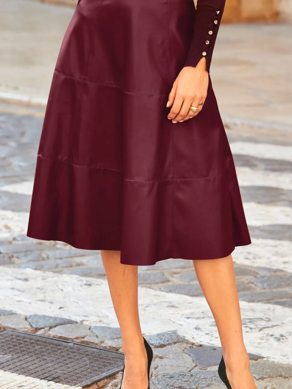 Sosandar Leather Look Panelled A-Line Midi Skirt