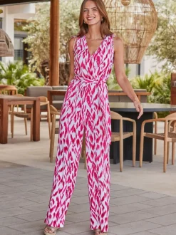 Sosandar Paradise Print Tie Waist Crinkle Jumpsuit