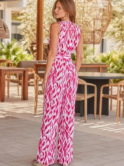 Sosandar Paradise Print Tie Waist Crinkle Jumpsuit