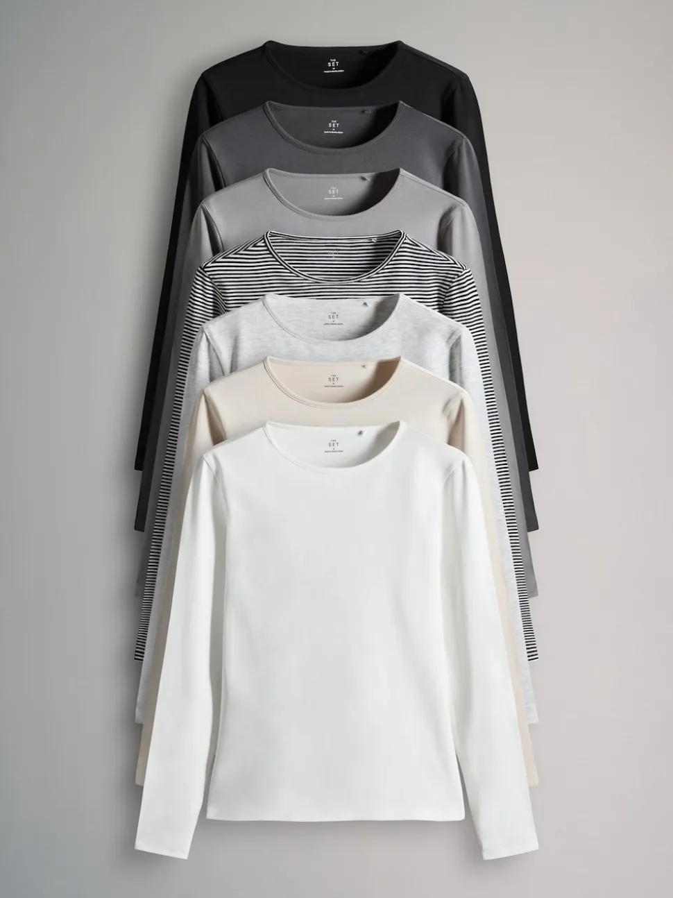 Strepen/Zwart/Grijs/Wit - The Set - 7 T-shirts met lange mouwen en ronde hals
