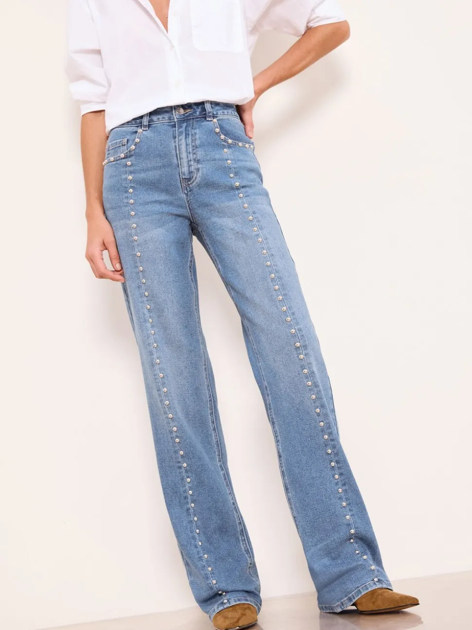 Studded Mid Wash Blue - Lipsy Wide Leg Jeans