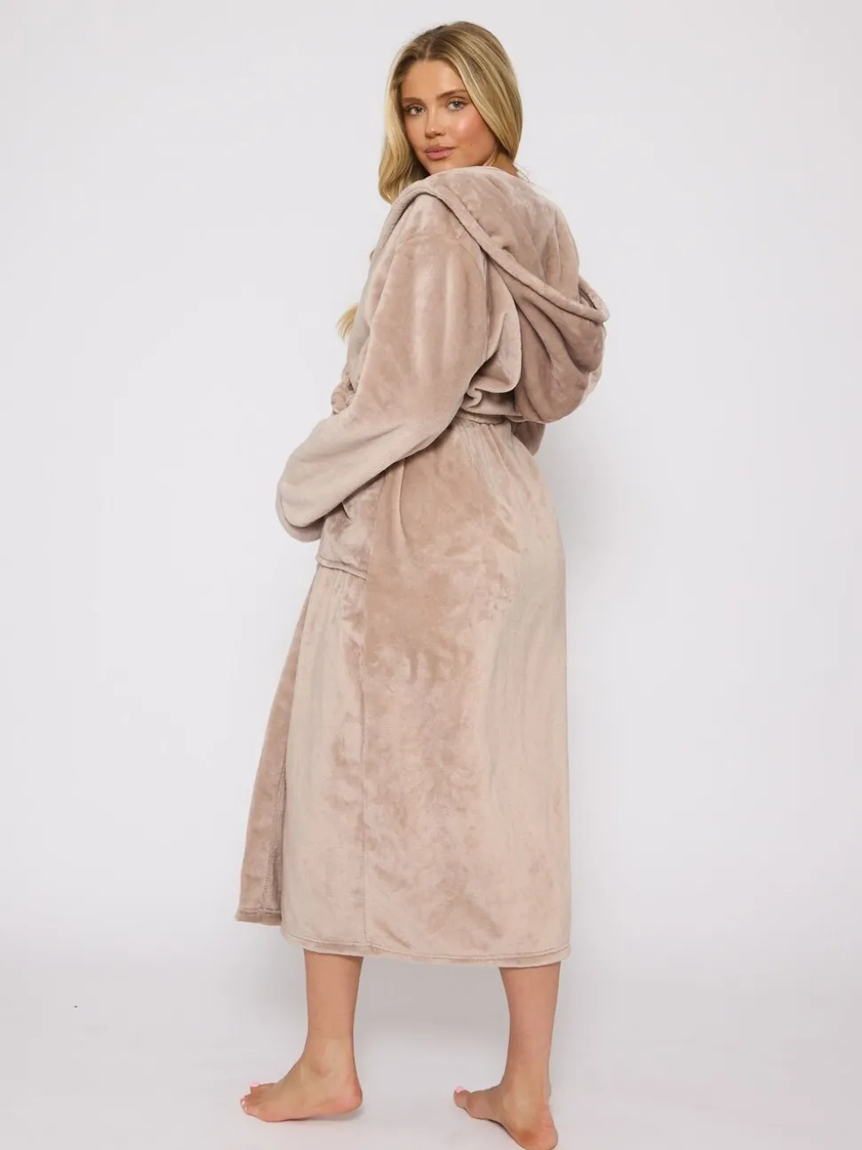 Taupe - Loungeable Christmas Ribbon Trim Luxury Fleece Hooded Maxi Robe