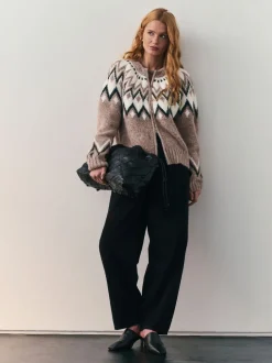 Taupe - Nothing Ordinary Check Fairisle Pattern Knit Zip Through Jumper With Wool