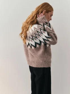 Taupe - Nothing Ordinary Check Fairisle Pattern Knit Zip Through Jumper With Wool