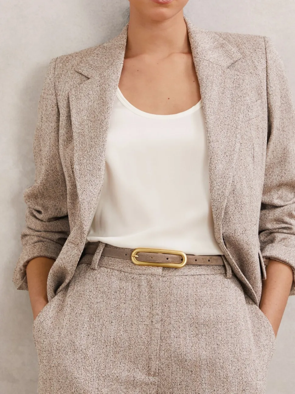 Taupe - Reiss Chaya smalle leren riem met langwerpige gesp