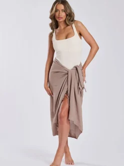 Taupe - South Beach - Gekreukte viscose sarong-tuniek met franje