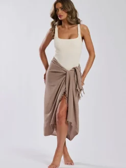 Taupe - South Beach - Gekreukte viscose sarong-tuniek met franje