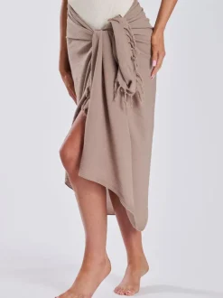 Taupe - South Beach - Gekreukte viscose sarong-tuniek met franje