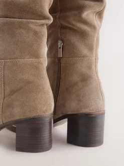 Taupe Brown Suede - Forever Comfort® Slouchy Knee High Block Heeled Boots