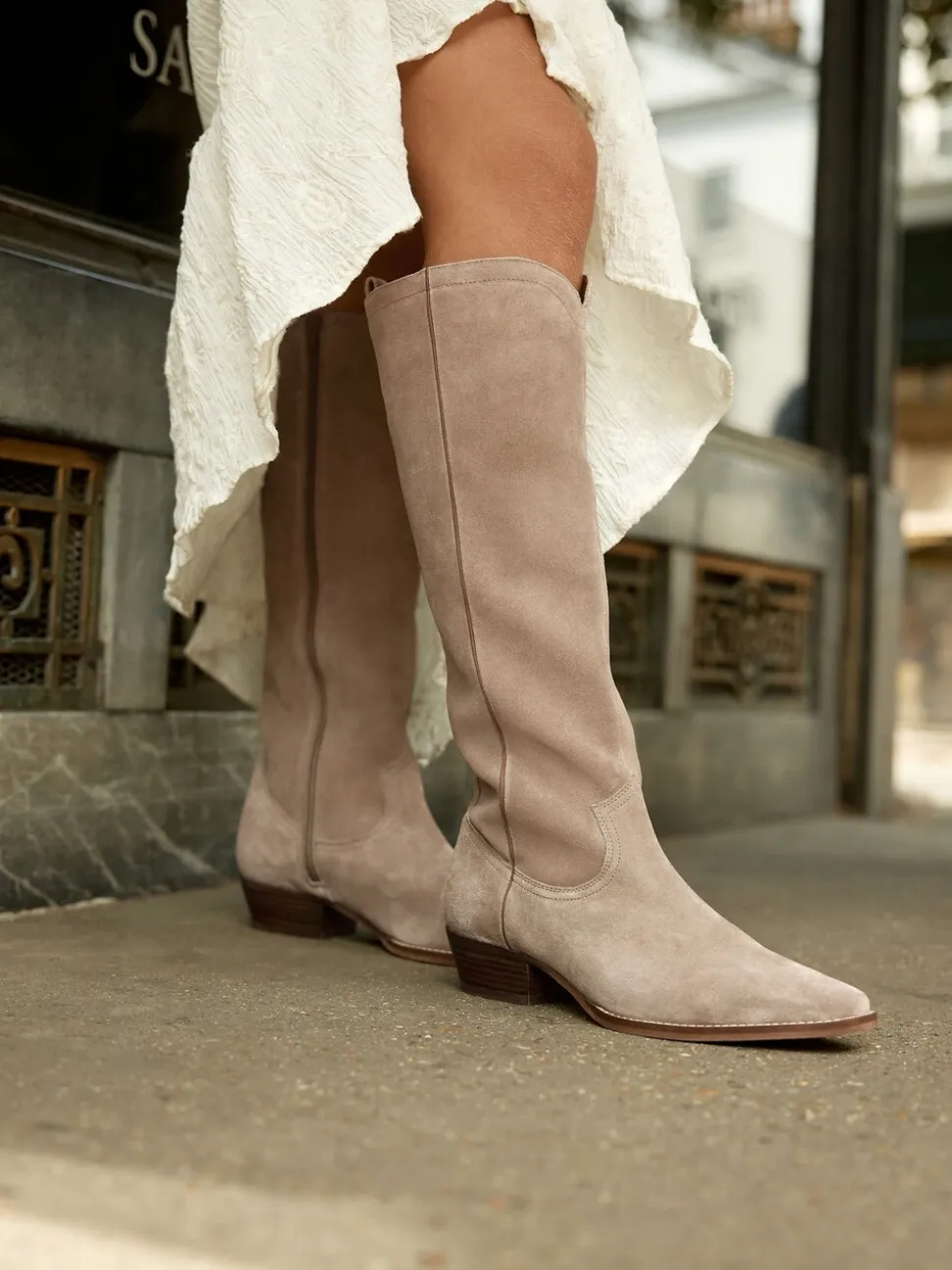 Taupe bruin suède leermix - Forever Comfort® kniehoge contrast western Boots