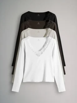 The Set 4 Pack Long Sleeve V-Neck Ribbed Lace Trim T-Shirt