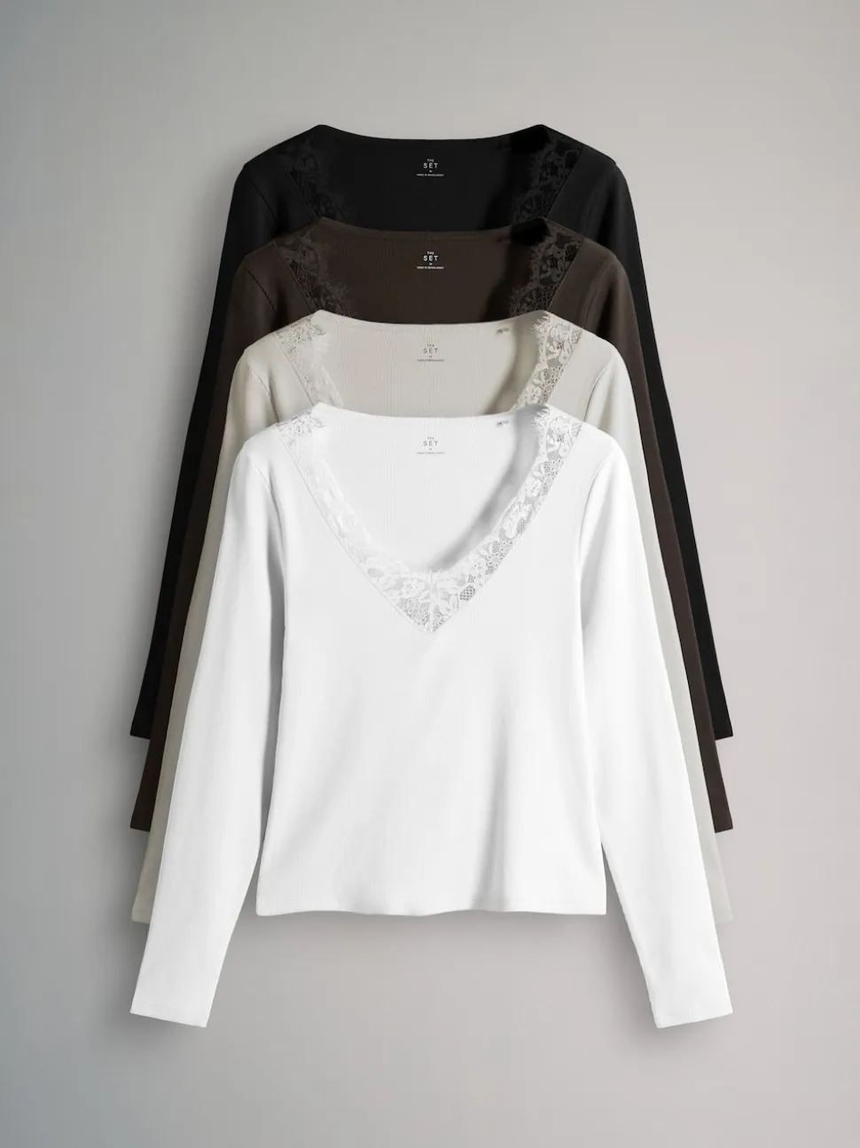 The Set 4 Pack Long Sleeve V-Neck Ribbed Lace Trim T-Shirt