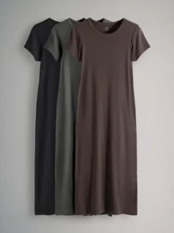 The Set 3 Pack Short Sleeve Ribbed Midi Dresses