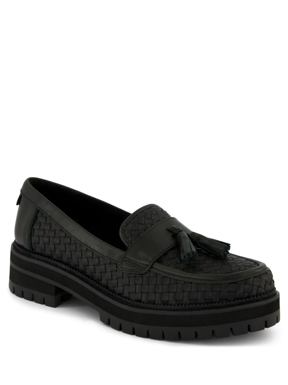 TOMS Cara Loafers in Black Woven PU with Tassel