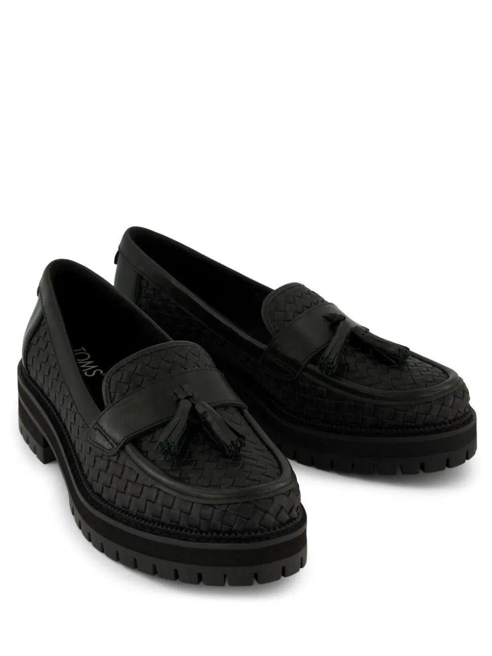 TOMS Cara Loafers in Black Woven PU with Tassel