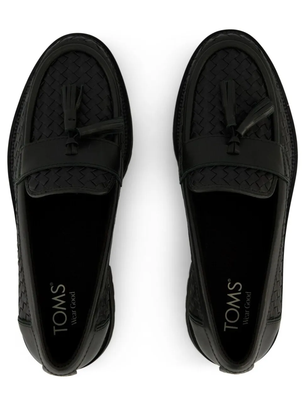 TOMS Cara Loafers in Black Woven PU with Tassel