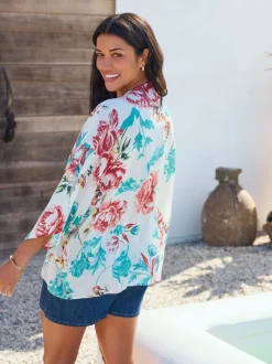 Turquoise Floral Print - Korte kimonotuniek