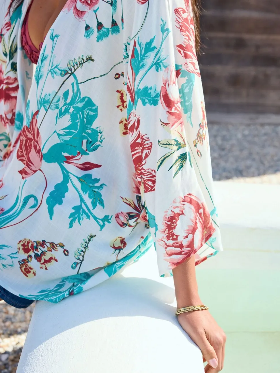 Turquoise Floral Print - Korte kimonotuniek