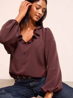 Vijgpaars - Friends Like These Long Sleeve Button Front Ruffle Blouse