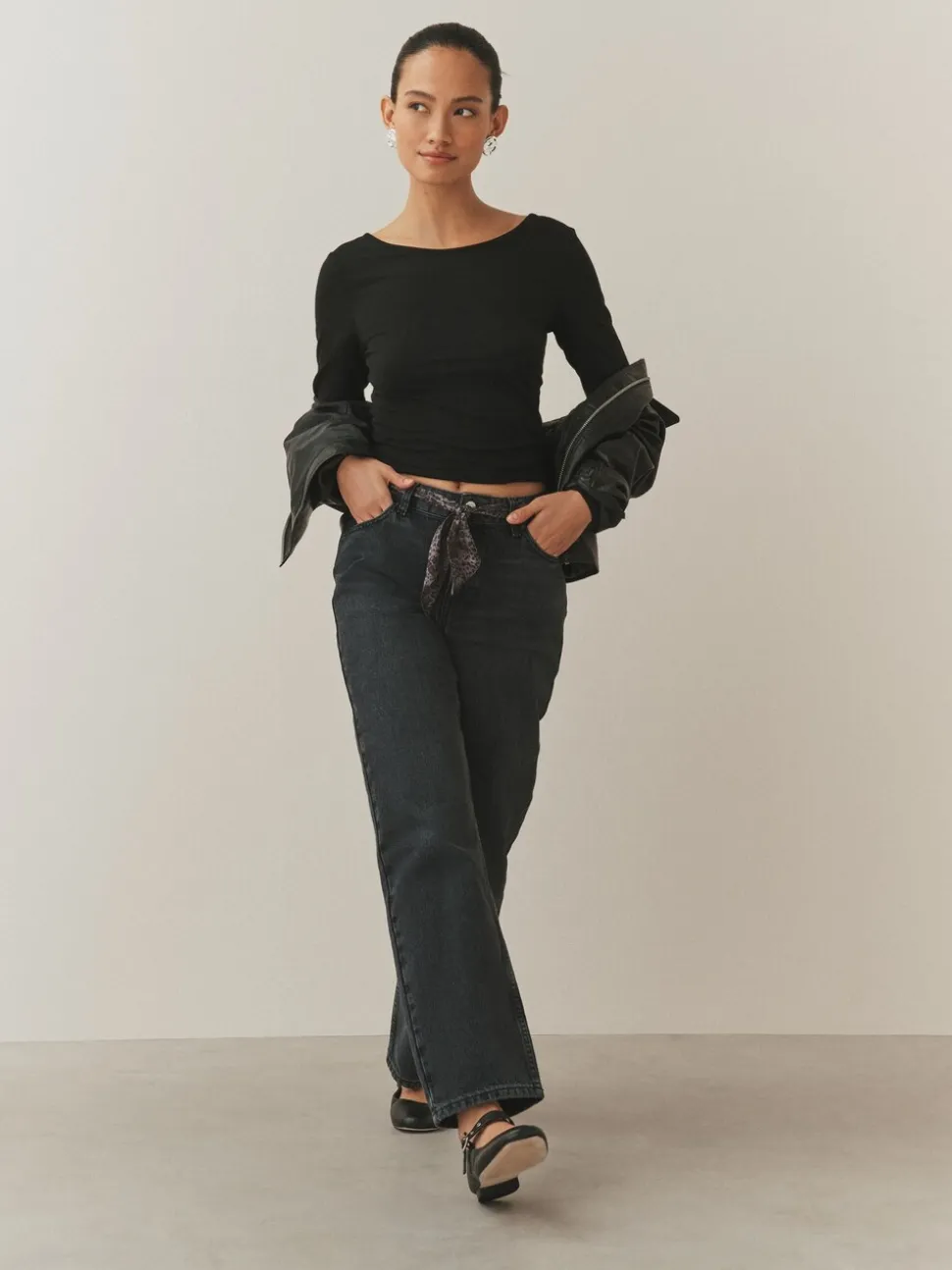 Washed Black Leopard Print - Mid Rise Ankle Straight Leg Jeans With Scarf