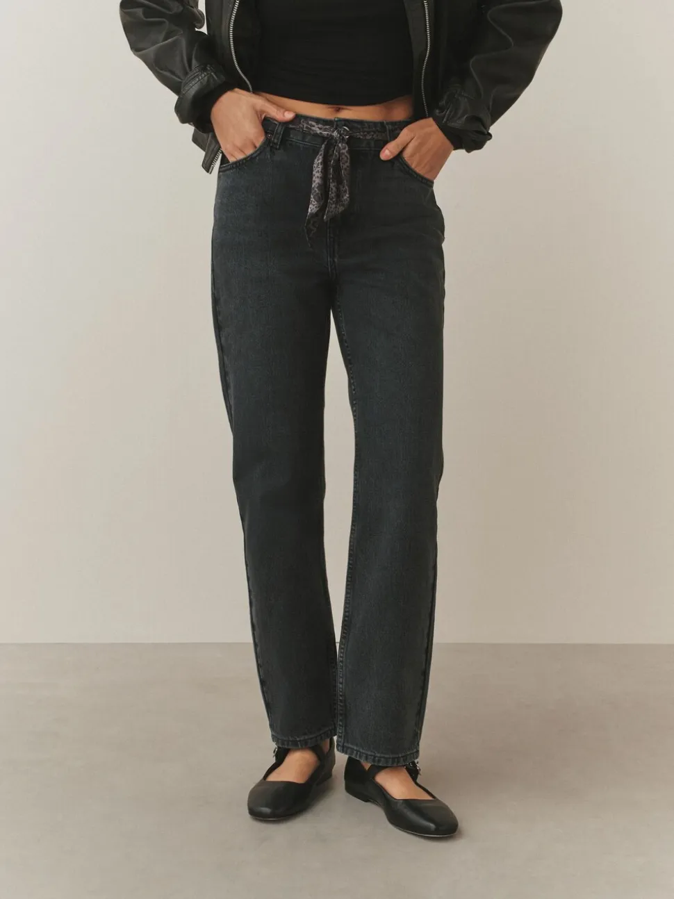 Washed Black Leopard Print - Mid Rise Ankle Straight Leg Jeans With Scarf