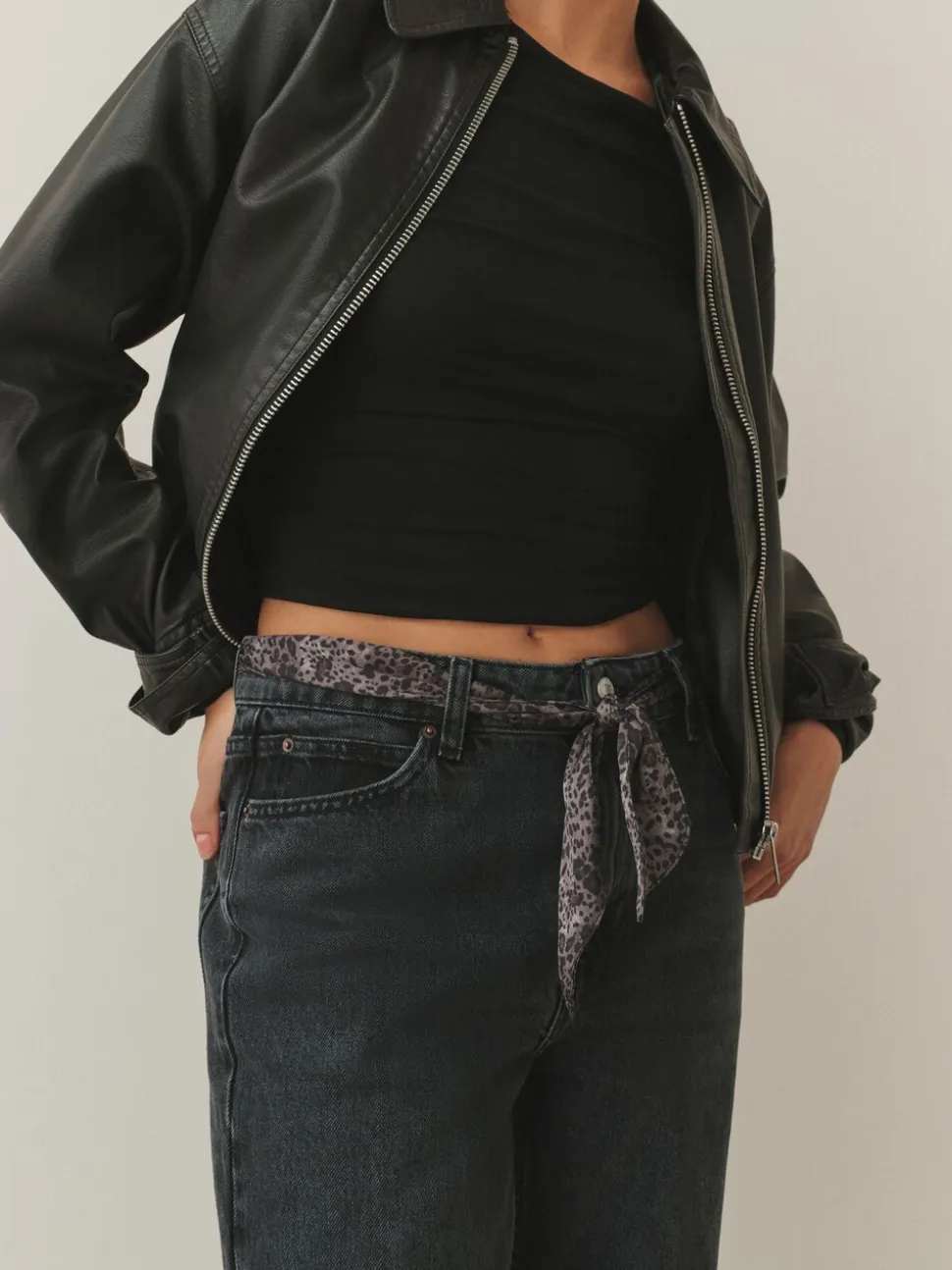 Washed Black Leopard Print - Mid Rise Ankle Straight Leg Jeans With Scarf
