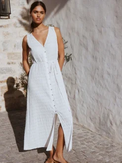 Wit - Button Through Tie Waist Sleeveless Maxi Dress