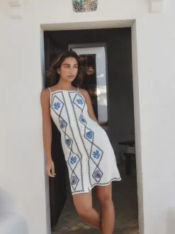 Wit - Embroidered Mini Shift Dress With Linen